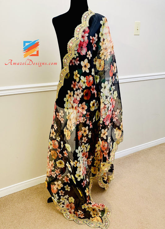 Black Organza Printed Super Lightweight Duppatta With 4 Sided Cutwork