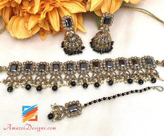 Black Polki Choker Necklace Jhumki Earrings Tikka Set