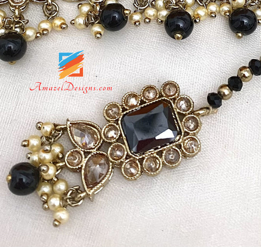 Black Polki Choker Necklace Jhumki Earrings Tikka Set