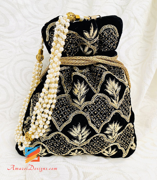 Black Potli Dabka Dull Gold Tiny Beads Work