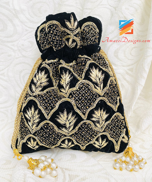 Black Potli Dabka Dull Gold Tiny Beads Work