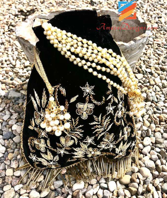 Black Potli with Dabka and Beads Work
