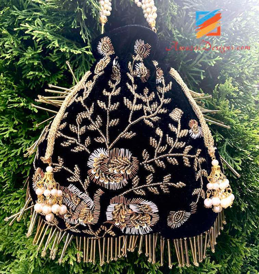Black Potli with Silver Copper Dabka