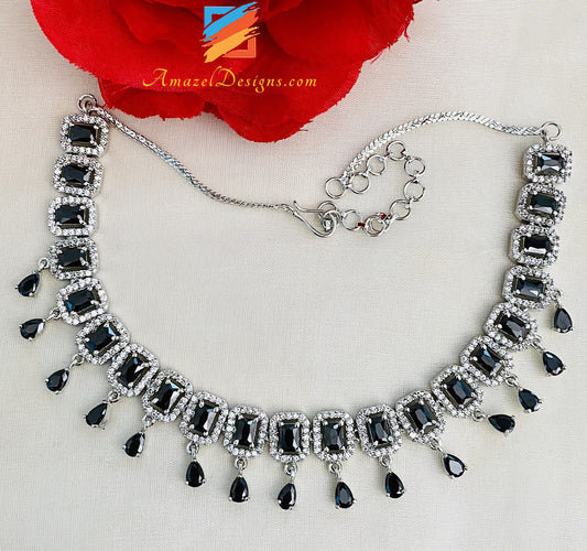 Black Silver American Diamond Single Line Necklace