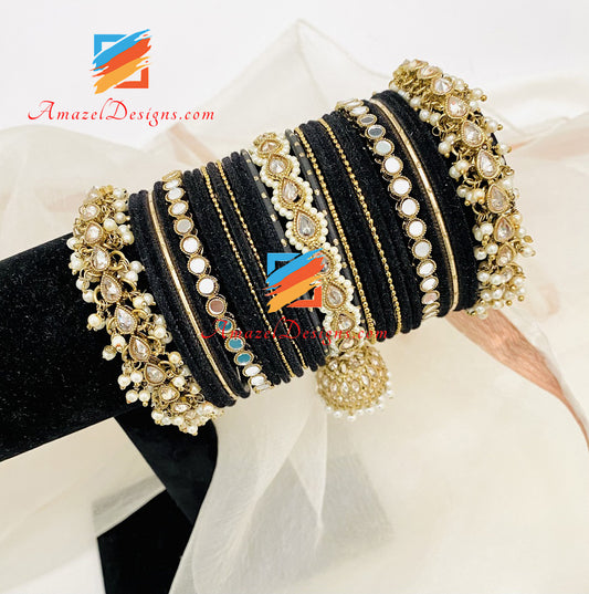 Black Velvet Sheesha Pearly Jhumki Polki Bangle Set