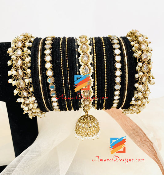Set di braccialetti Jhumki Polki in velluto nero Sheesha perlato 