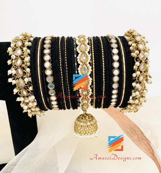 Black Velvet Sheesha Pearly Jhumki Polki Bangle Set