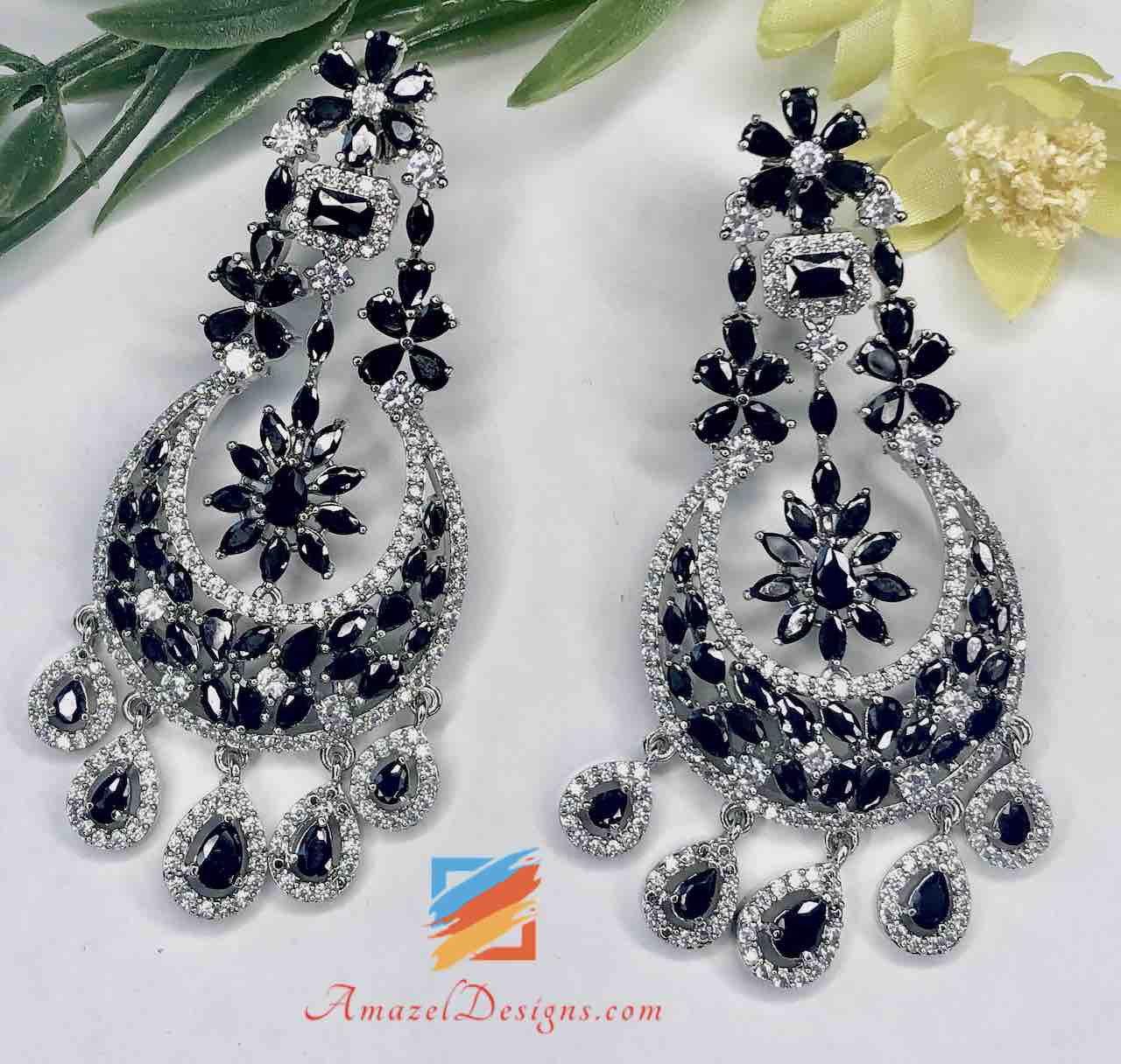Black and Silver American Diamond (AD) Earrings