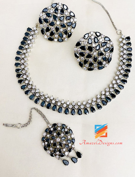 Schwarz und Silber AD (American Diamond) Halskette Ohrstecker Tikka Set 