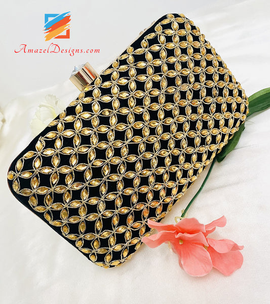 Black Both Side Kundan Work Clutch