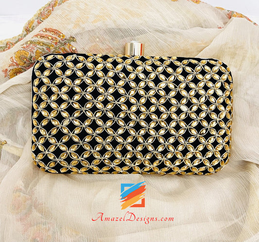 Black Both Side Kundan Work Clutch
