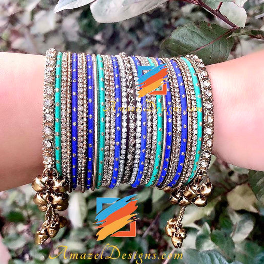 Blue Green Ghungroo Kada Bangle Set