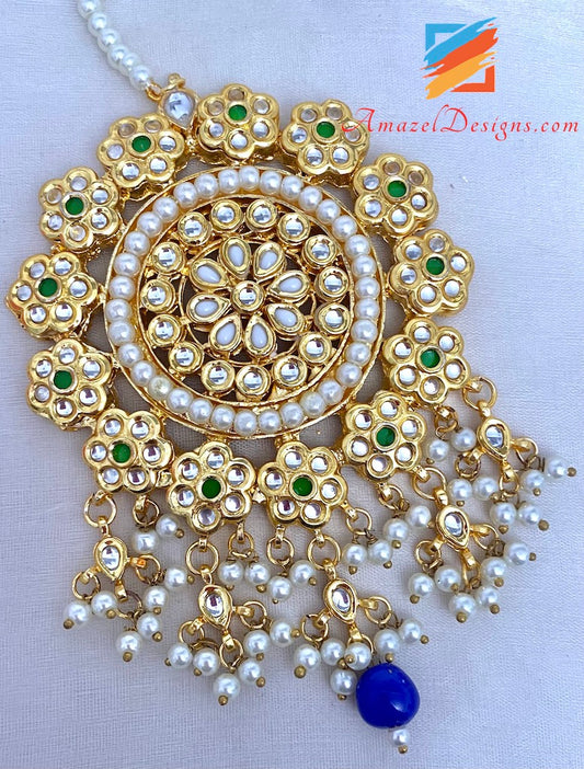 Blue Kundan Earrings Oversized Tikka Set