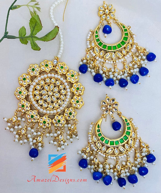 Orecchini Kundan blu Set Tikka oversize