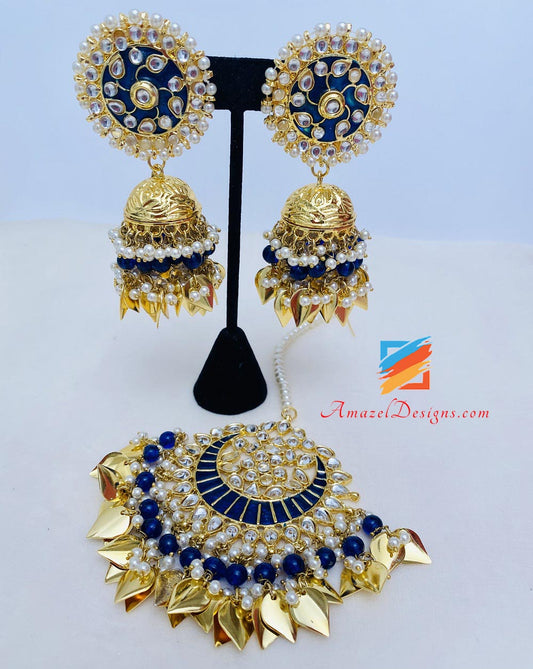 Blue Kundan Pippal Patti Jhumka Oversized Tikka Set