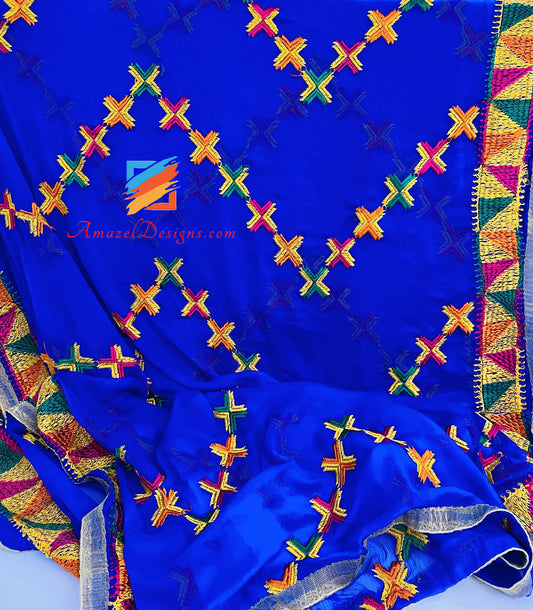 Blue Phulkari Tissue Kinari Lace