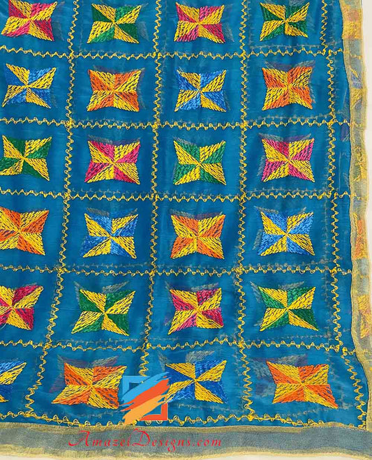 Blue Phulkari With Golden Tissue Lace