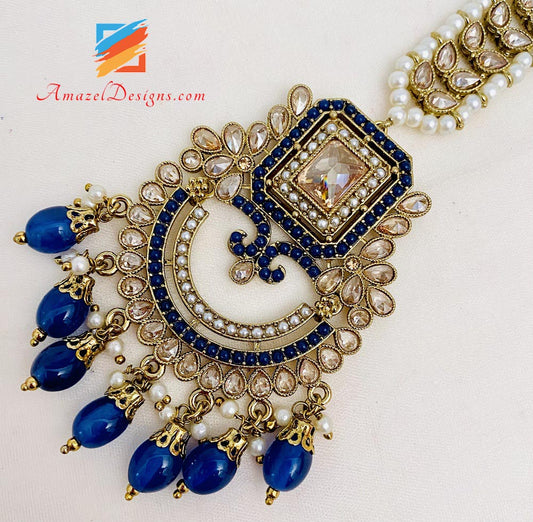 Blue Polki Earrings Tikka Set