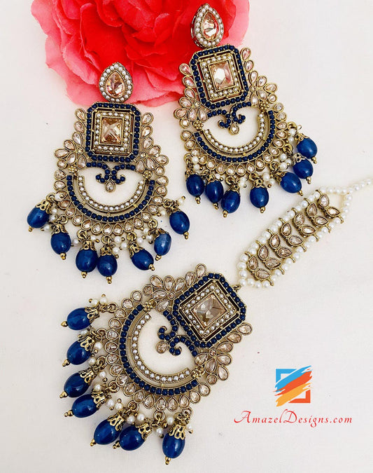 Blue Polki Earrings Tikka Set