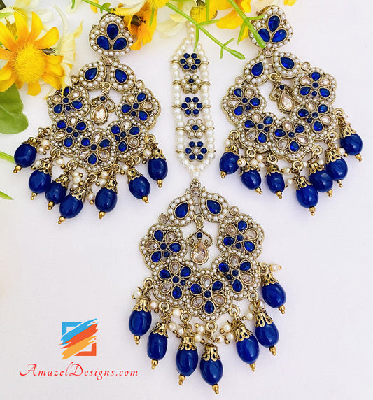 Blue Polki Earrings Tikka Set