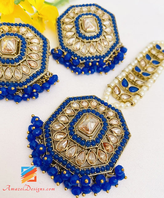 Blue Polki Lightweight Studs Earrings Tikka Set