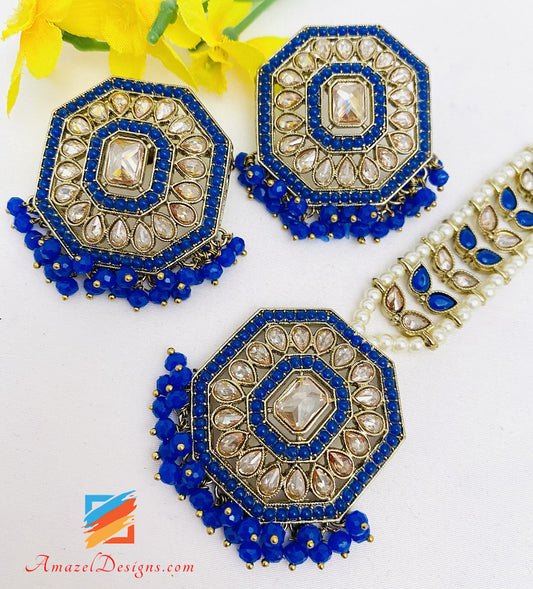 Blue Polki Lightweight Studs Earrings Tikka Set