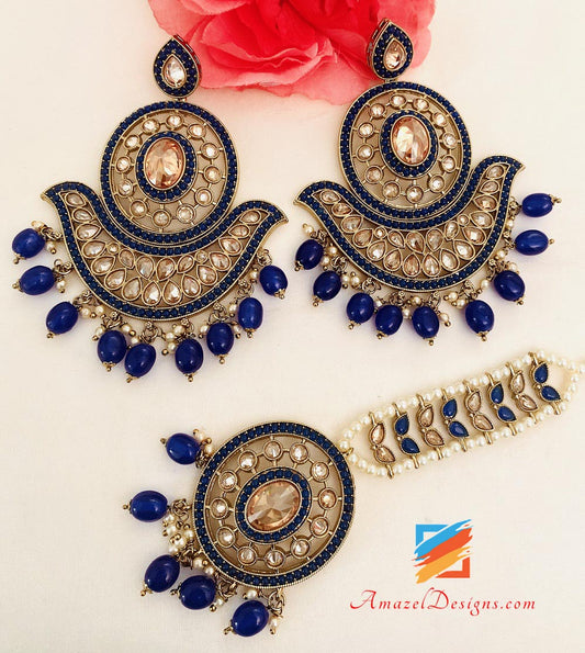 Blue Polki Oversized Earrings Tikka Set