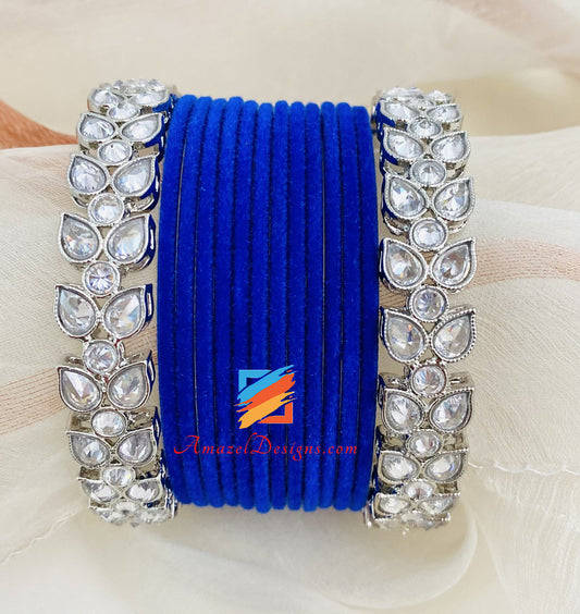 Elegant Blue Velvet Bangles With Polki Silver Kadas