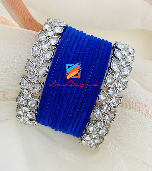 Elegant Blue Velvet Bangles With Polki Silver Kadas