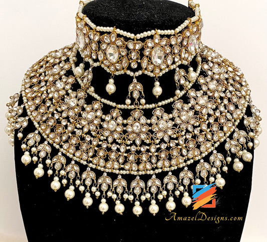 Bridal High Quality Clear Polki Necklace with Choker, Jhoomkis, Tikka and Jhoomer