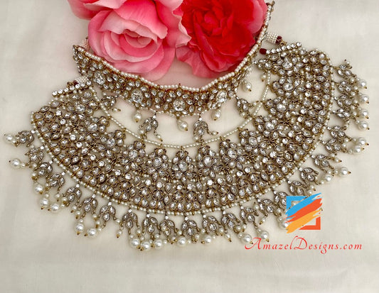 Bridal High Quality Clear Polki Necklace with Choker, Jhoomkis, Tikka and Jhoomer