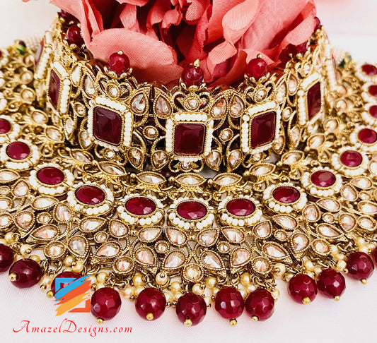 Polki Bridal Maroon Necklace Long Mala - Rani Haar Nath Head Piece - Matha Patti Hand Piece Jhumer