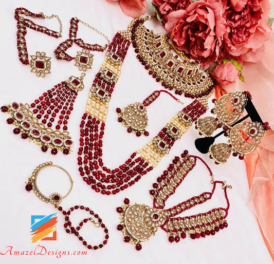 Polki Bridal Collana marrone rossiccio lungo Mala - Rani Haar Nath Head Piece - Matha Patti Hand Piece Jhumer 