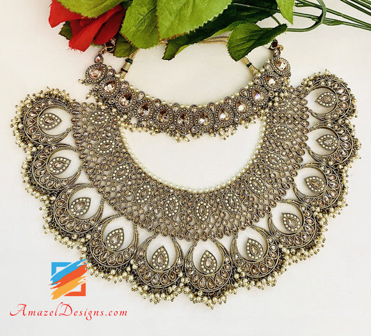 Bridal Polki Necklace With Choker Earrings Tikka Jhoomer And Nath Set