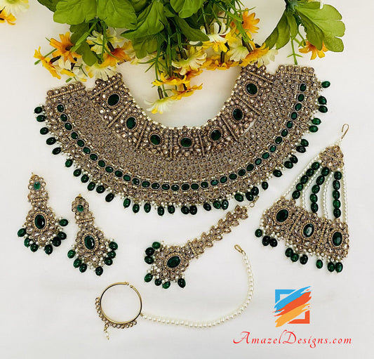 Bridal Polki Champagne Green Collana Orecchini Tikka Passa e Nath Set 