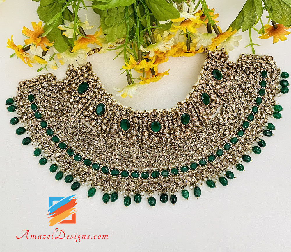 Bridal Polki Champagne Green Necklace Earrings Tikka Passa And Nath Set