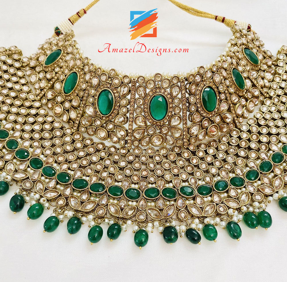 Bridal Polki Champagne Green Necklace Earrings Tikka Passa And Nath Set