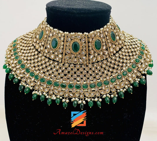 Bridal Polki Champagne Green Necklace Earrings Tikka Passa And Nath Set