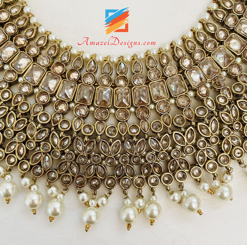Bridal Polki Champagne Necklace With Choker Earrings Tikka Passa And Nath Set
