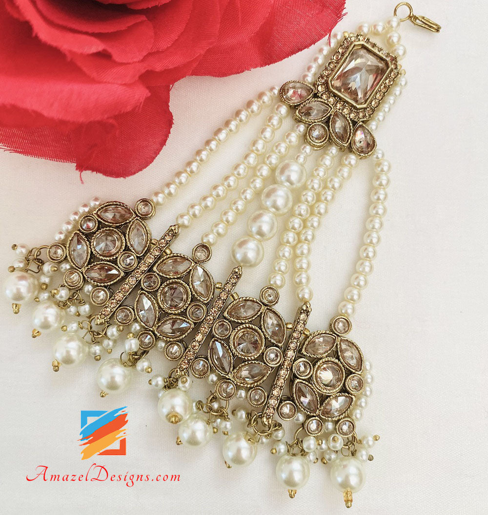 Bridal Polki And Stones Champagne Necklace With Choker Earrings Tikka Jhumer Nath Set