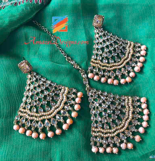 Champage Color Polki With Peach Beads Earring Tikka Set