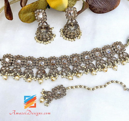 Champagne Polki Choker Earrings Tikka Set