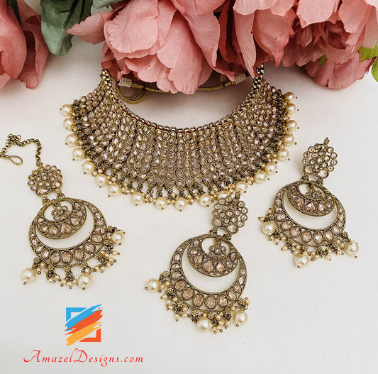 Champagne Choker Necklace Earrings Tikka Set