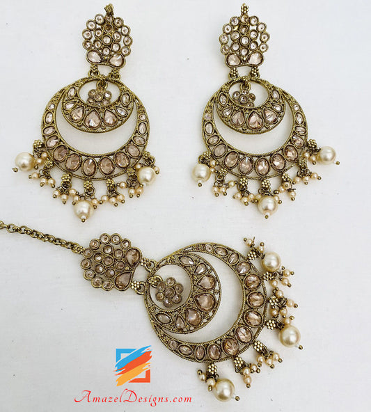 Champagne Choker Necklace Earrings Tikka Set