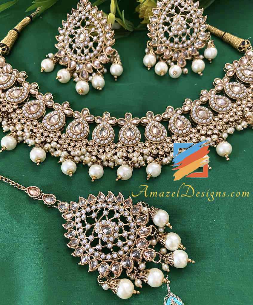 Champagne Color Necklace with Earring Tikka Set