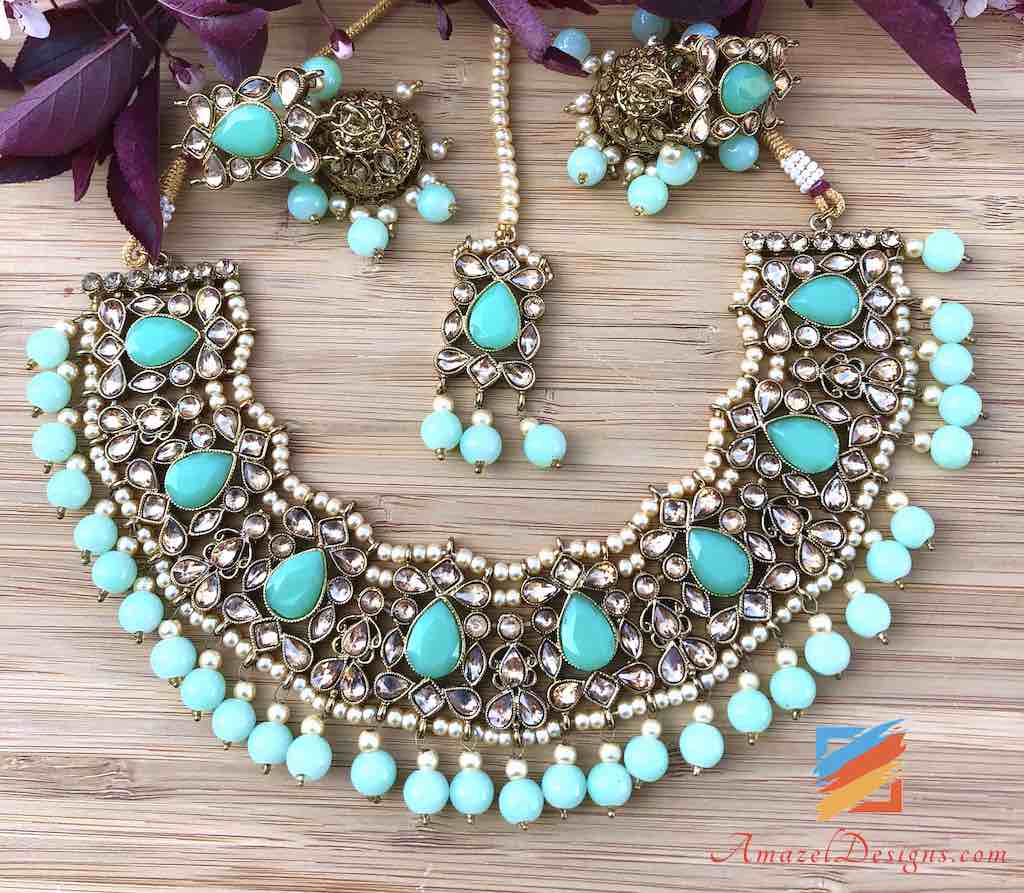 Champagne Color Necklace with Seagreen Stones and Beads Jhumki Earrings Tikka Set