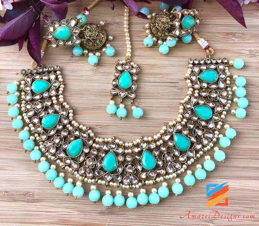 Champagne Color Necklace with Seagreen Stones and Beads Jhumki Earrings Tikka Set