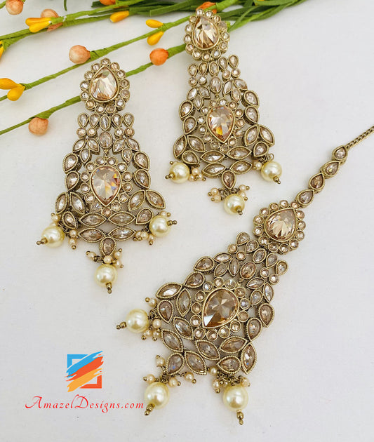 Champagne Color with Cream Beads Earrings Tikka set