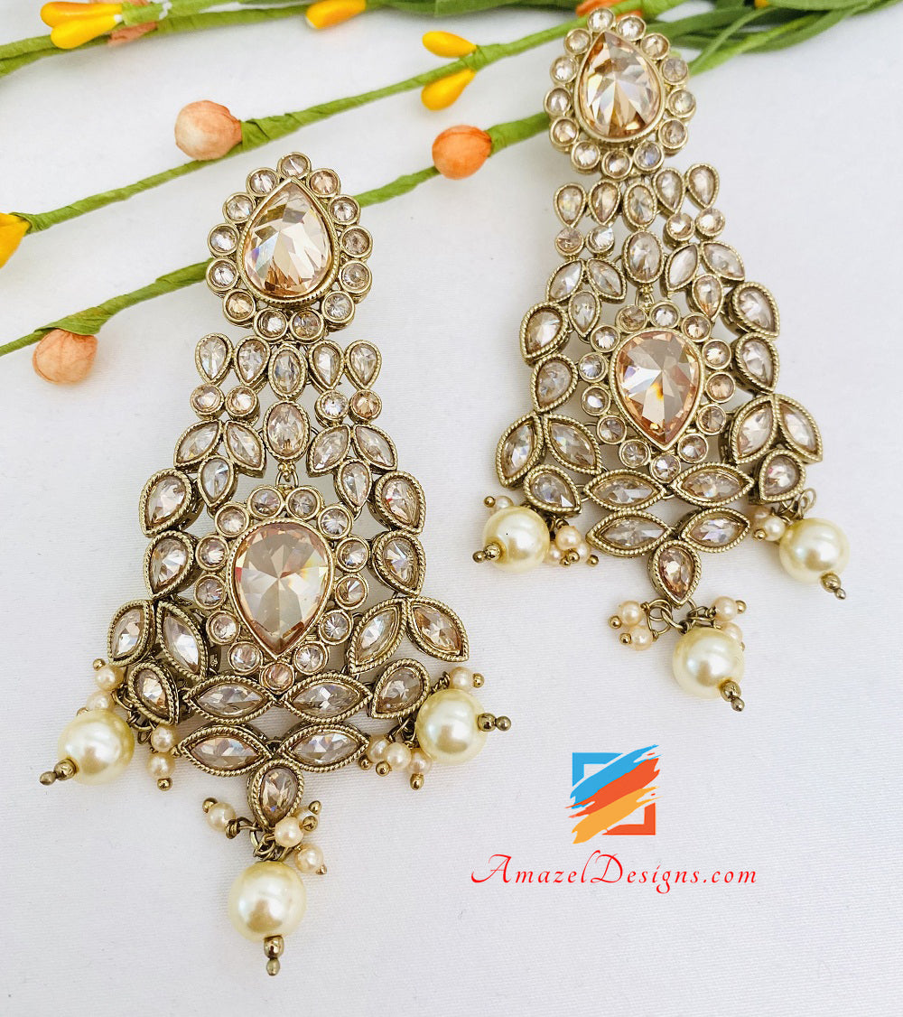 Champagne Color with Cream Beads Earrings Tikka set