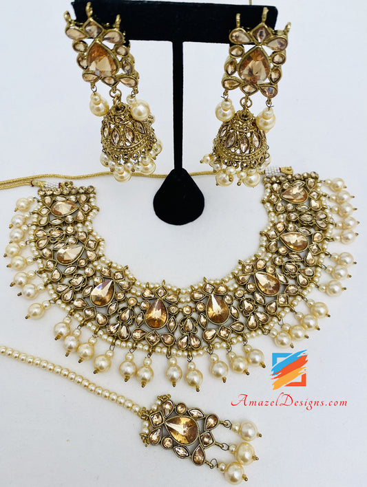 Champagner Flexible Halskette Jhumki Ohrringe Tikka Set 